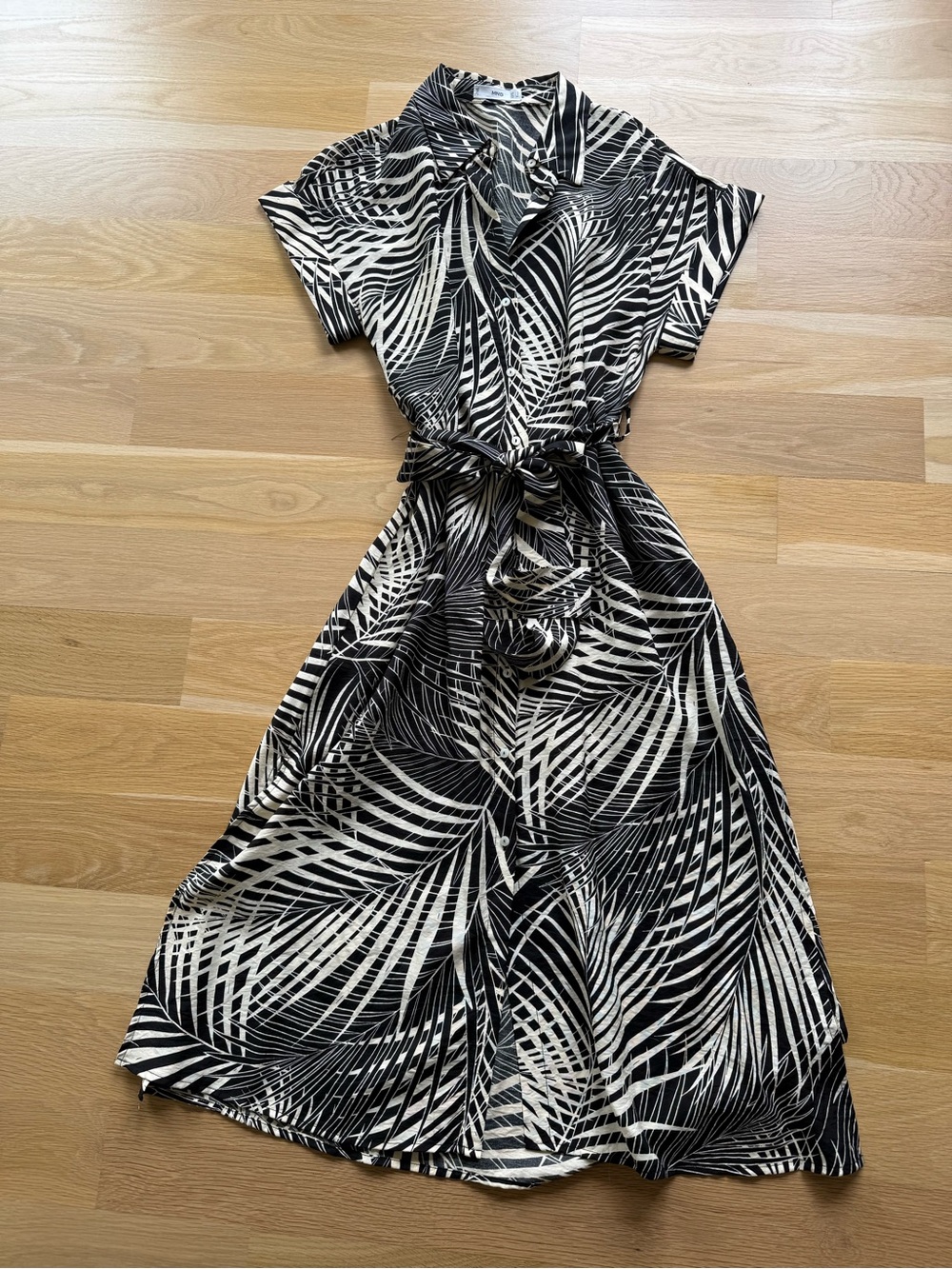 Mango Black and White Palm-Print Midi Shirt Dress